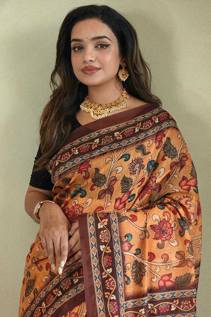 Magnetic Mustard Kalamkari Printed Saree With Snappy Blouse Piece