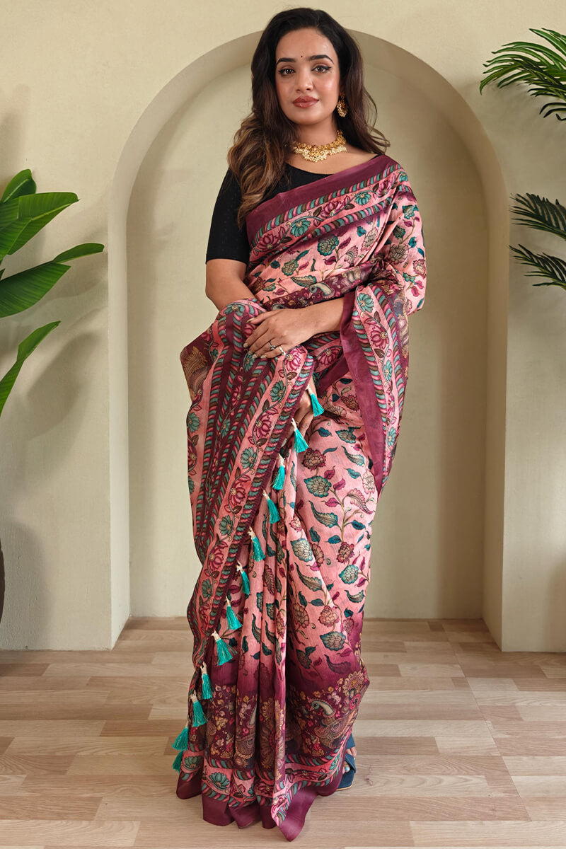 Exquisite Pink Kalamkari Printed Saree With Resonant Blouse Piece
