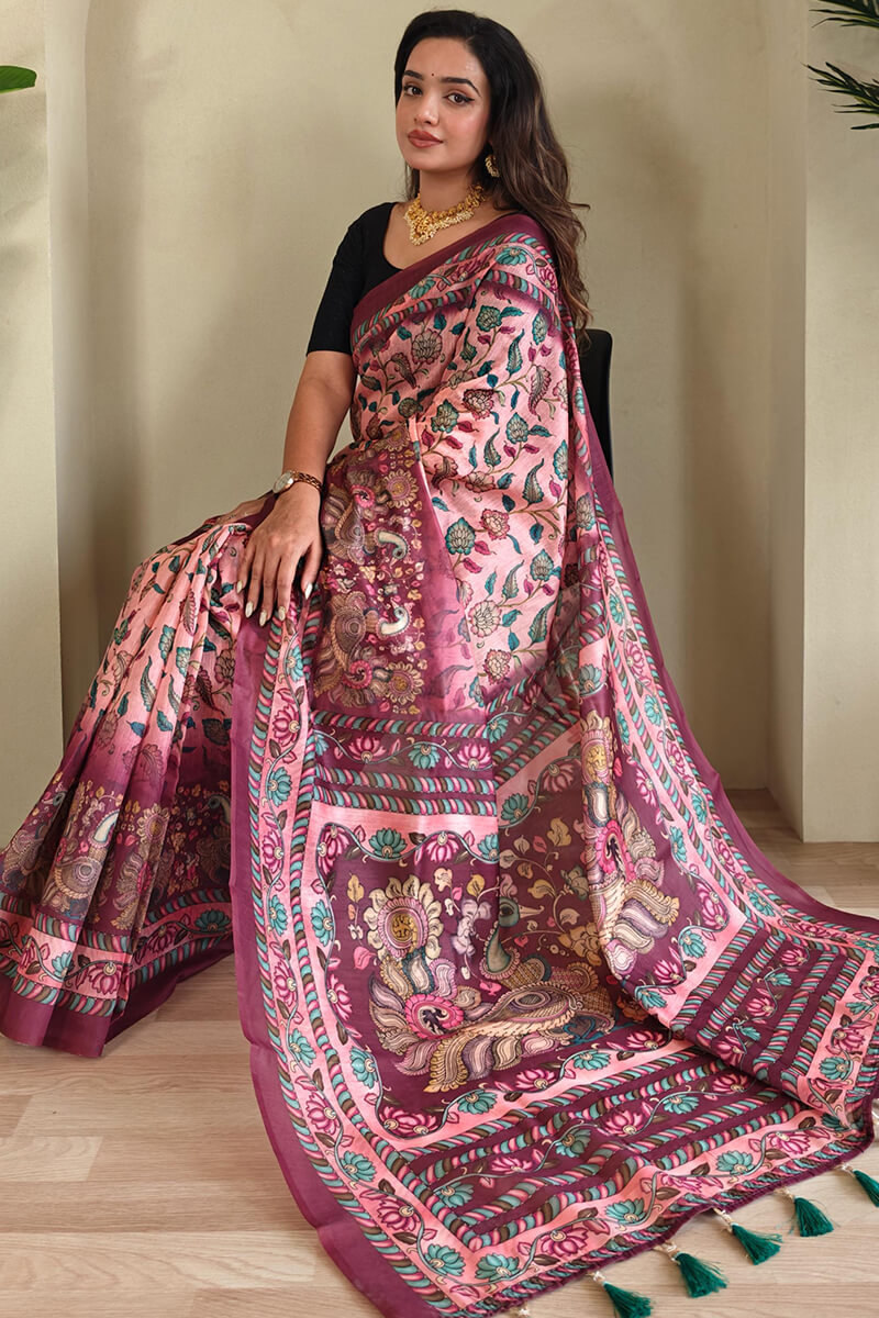 Exquisite Pink Kalamkari Printed Saree With Resonant Blouse Piece