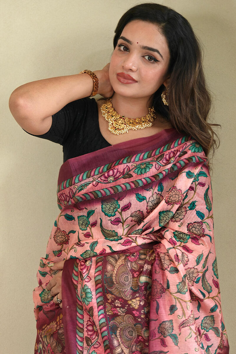 Exquisite Pink Kalamkari Printed Saree With Resonant Blouse Piece