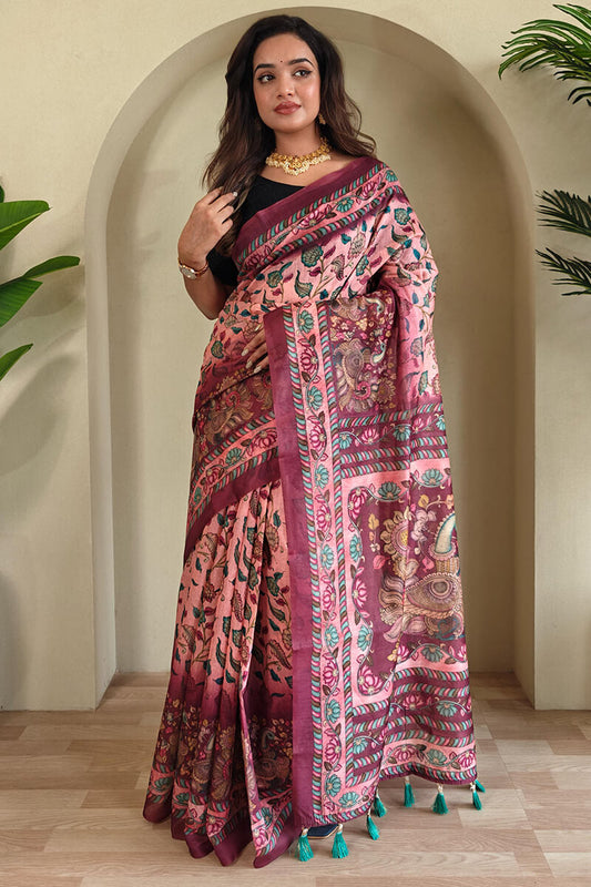Exquisite Pink Kalamkari Printed Saree With Resonant Blouse Piece