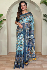 Glamorous Sky Kalamkari Printed Saree With Dulcet Blouse Piece