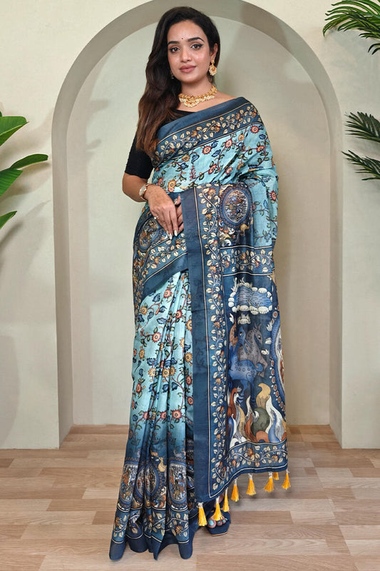 Glamorous Sky Kalamkari Printed Saree With Dulcet Blouse Piece