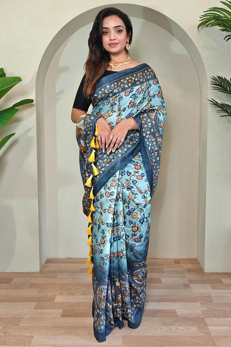 Glamorous Sky Kalamkari Printed Saree With Dulcet Blouse Piece