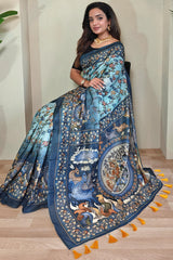 Glamorous Sky Kalamkari Printed Saree With Dulcet Blouse Piece