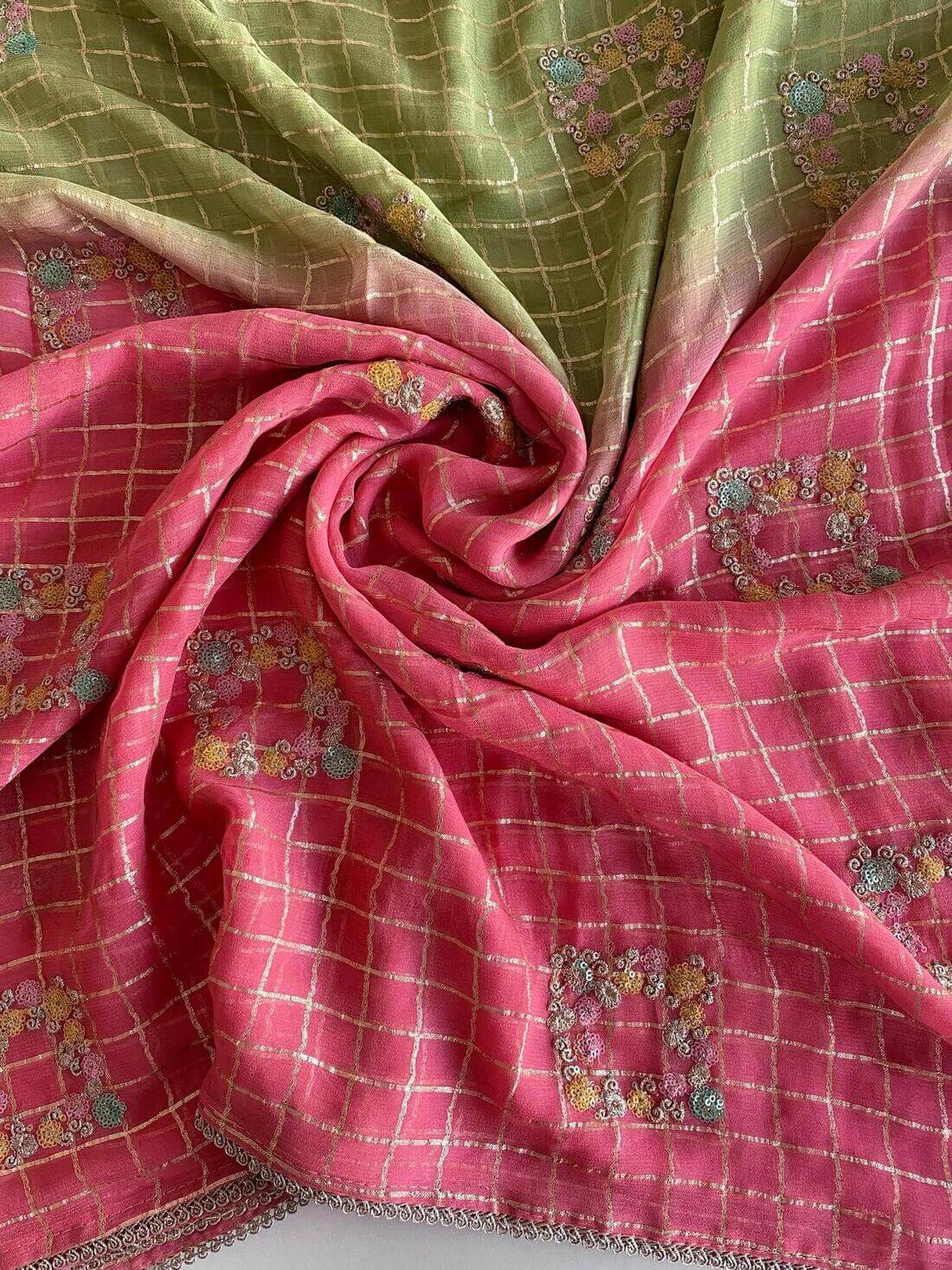 Prettiest Green And Pink Pure Viscose Chiffon Silk Saree With Twirling Blouse Piece