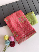 Prettiest Green And Pink Pure Viscose Chiffon Silk Saree With Twirling Blouse Piece