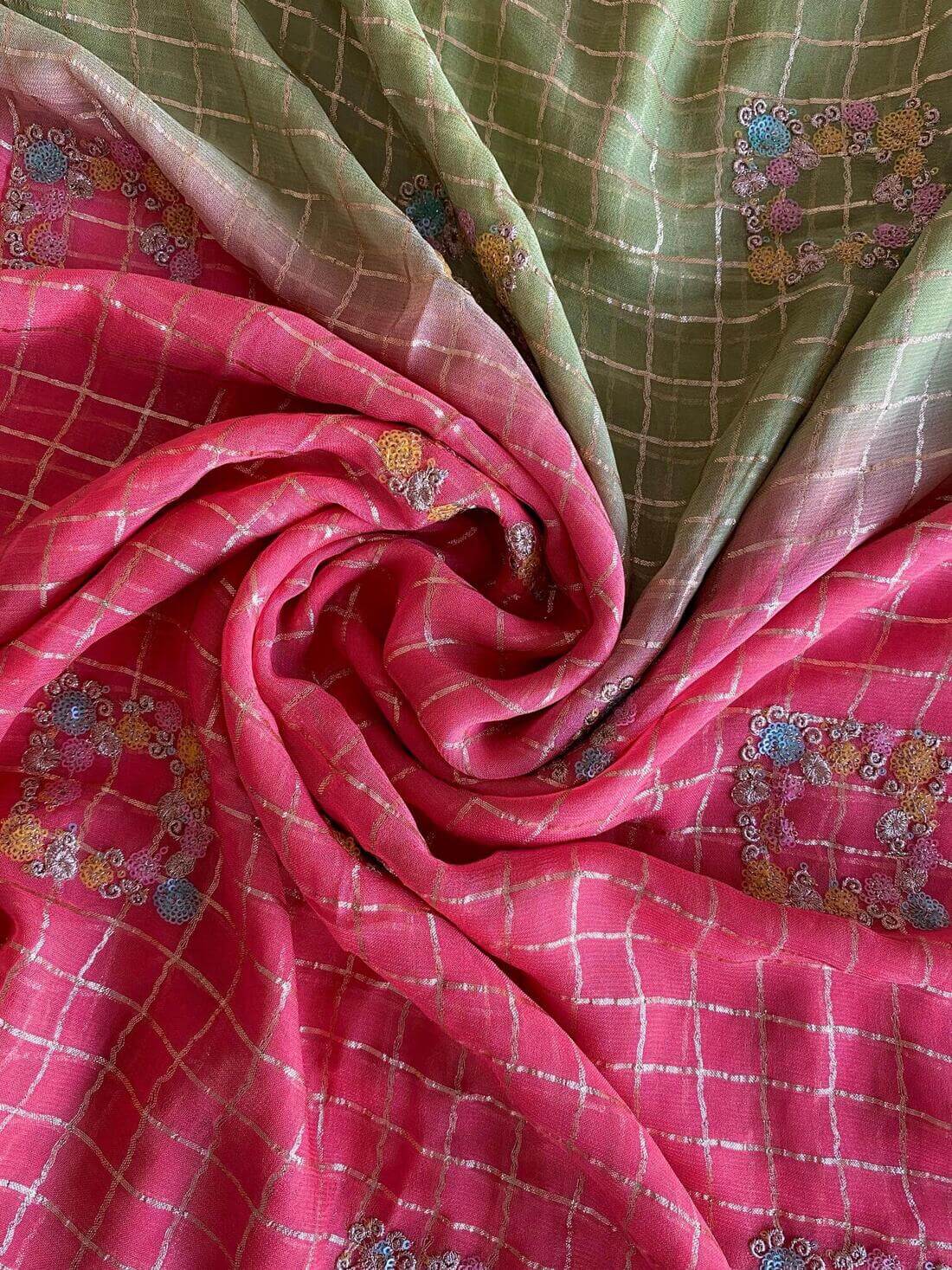 Prettiest Green And Pink Pure Viscose Chiffon Silk Saree With Twirling Blouse Piece