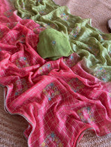 Prettiest Green And Pink Pure Viscose Chiffon Silk Saree With Twirling Blouse Piece