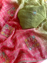 Prettiest Green And Pink Pure Viscose Chiffon Silk Saree With Twirling Blouse Piece