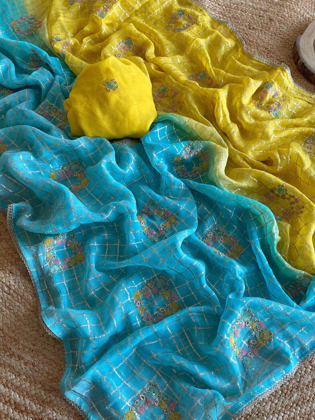 Epiphany Yellow and Firozi Pure Viscose Chiffon Silk Saree With Dazzling Blouse Piece