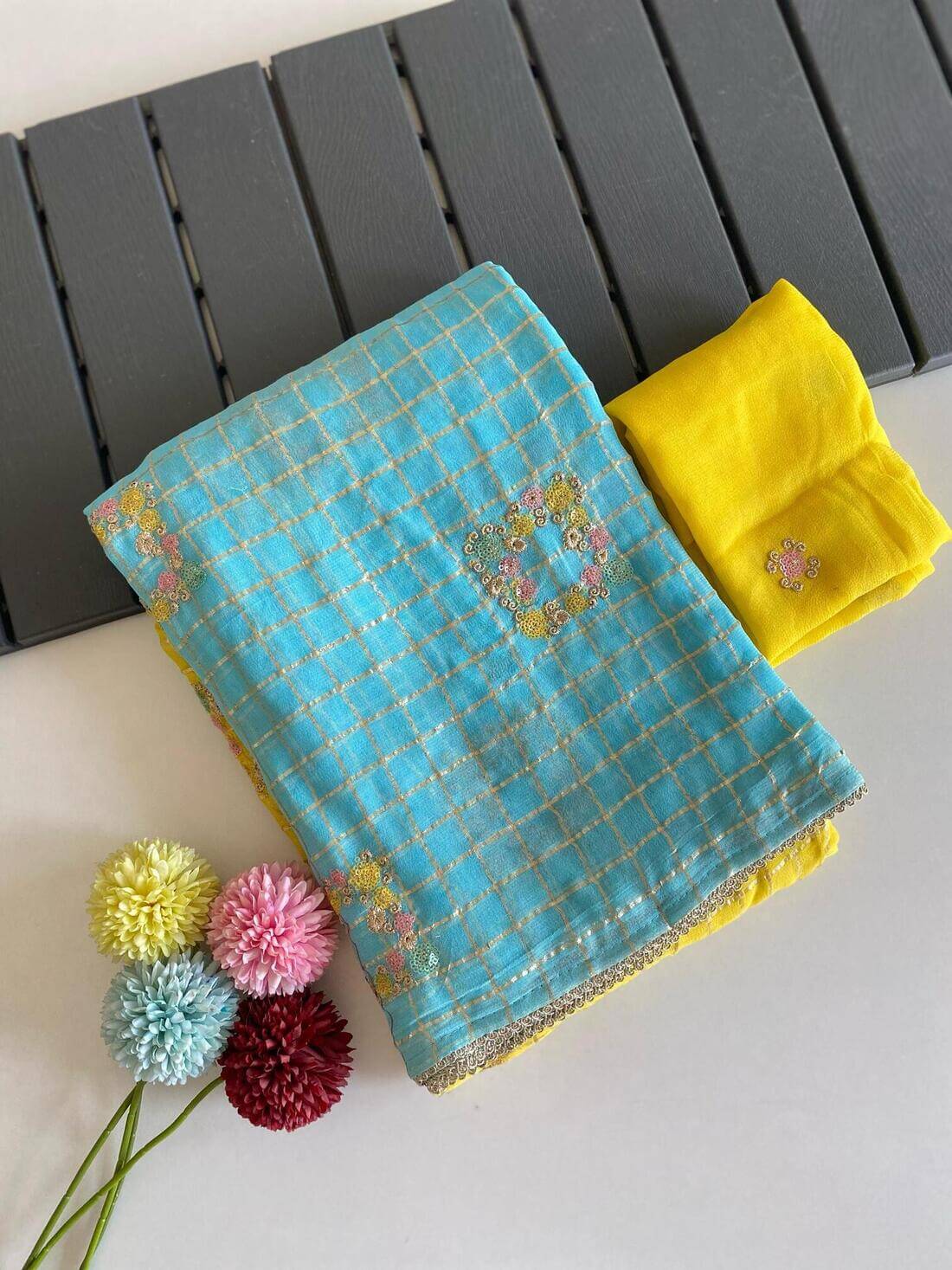 Epiphany Yellow and Firozi Pure Viscose Chiffon Silk Saree With Dazzling Blouse Piece