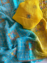 Epiphany Yellow and Firozi Pure Viscose Chiffon Silk Saree With Dazzling Blouse Piece