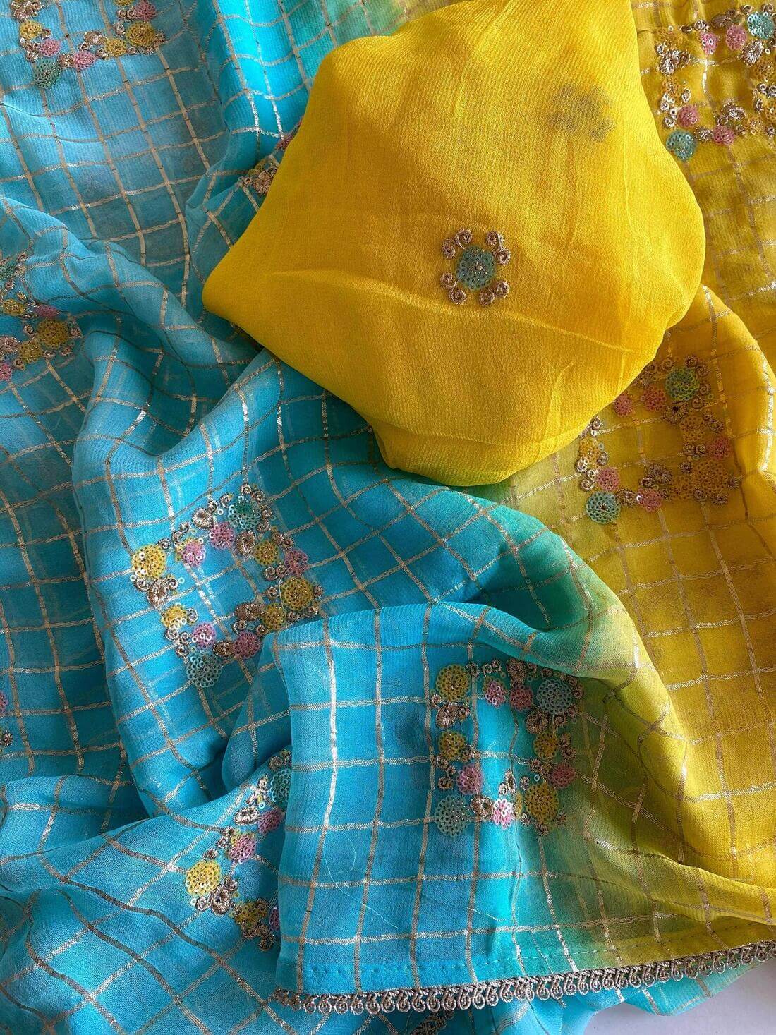 Epiphany Yellow and Firozi Pure Viscose Chiffon Silk Saree With Dazzling Blouse Piece