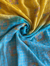 Epiphany Yellow and Firozi Pure Viscose Chiffon Silk Saree With Dazzling Blouse Piece