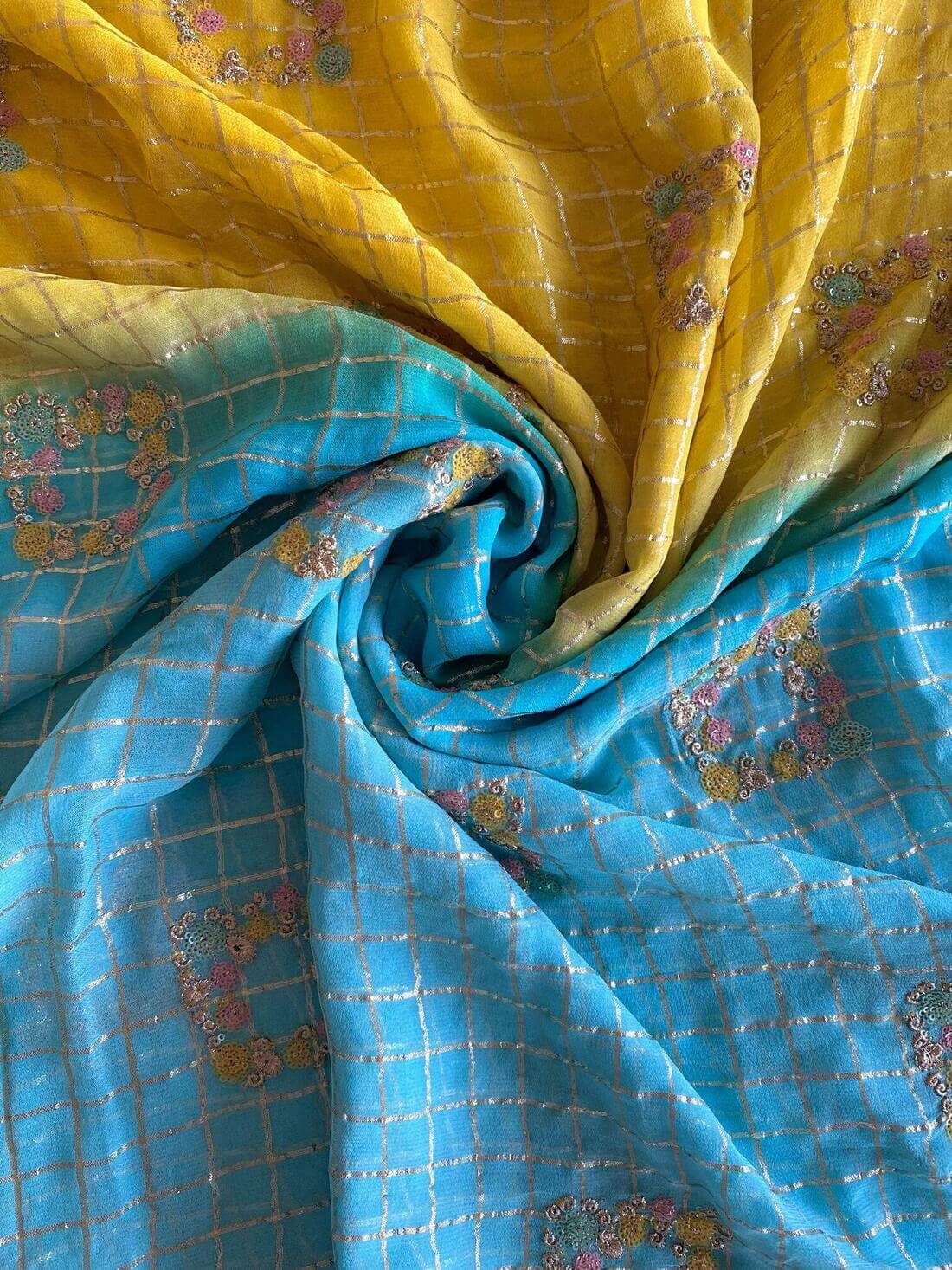 Epiphany Yellow and Firozi Pure Viscose Chiffon Silk Saree With Dazzling Blouse Piece