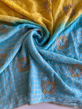 Epiphany Yellow and Firozi Pure Viscose Chiffon Silk Saree With Dazzling Blouse Piece