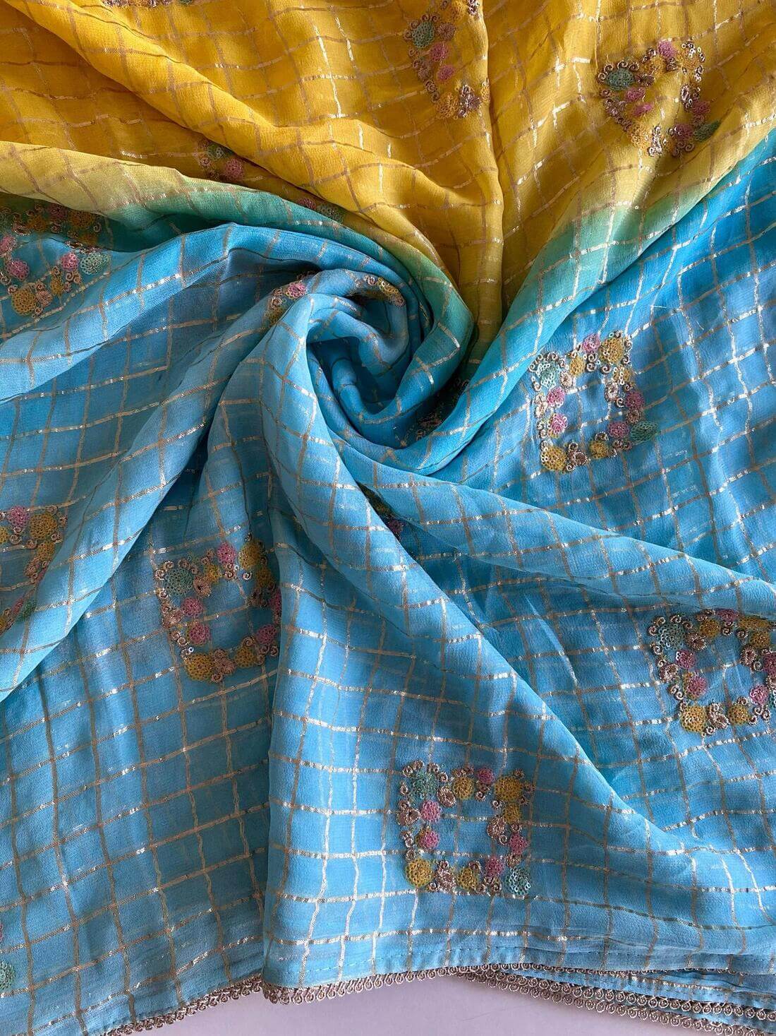 Epiphany Yellow and Firozi Pure Viscose Chiffon Silk Saree With Dazzling Blouse Piece