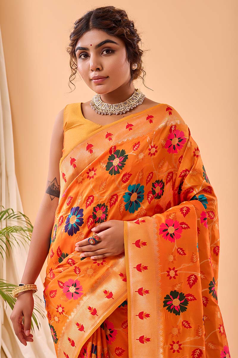 Angelic Orange Paithani Silk Saree With Desuetude Blouse Piece