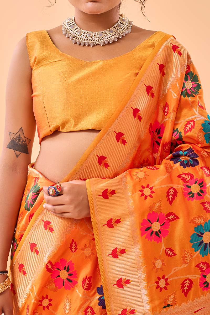 Angelic Orange Paithani Silk Saree With Desuetude Blouse Piece