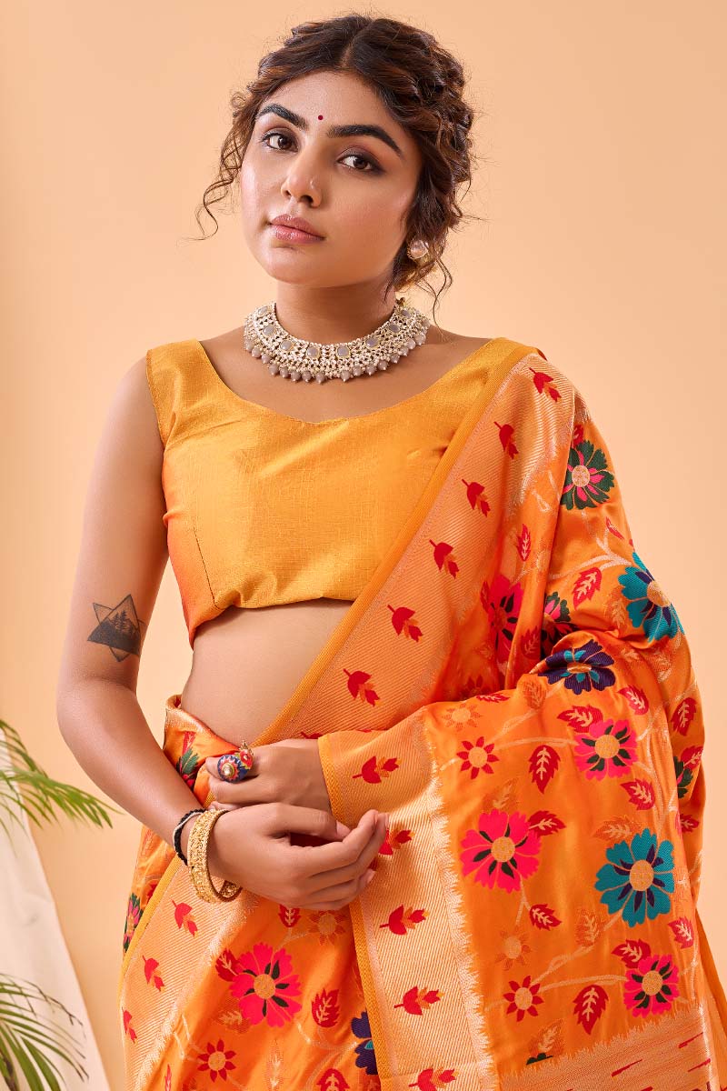 Angelic Orange Paithani Silk Saree With Desuetude Blouse Piece