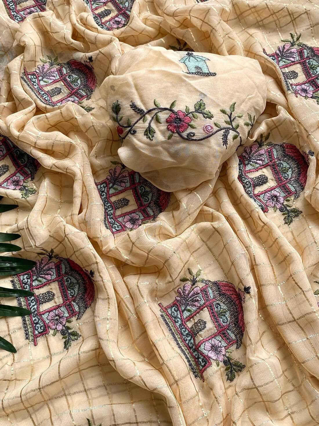 Evocative Beige Embroidery Work Georgette Saree With Redolent Blouse Piece