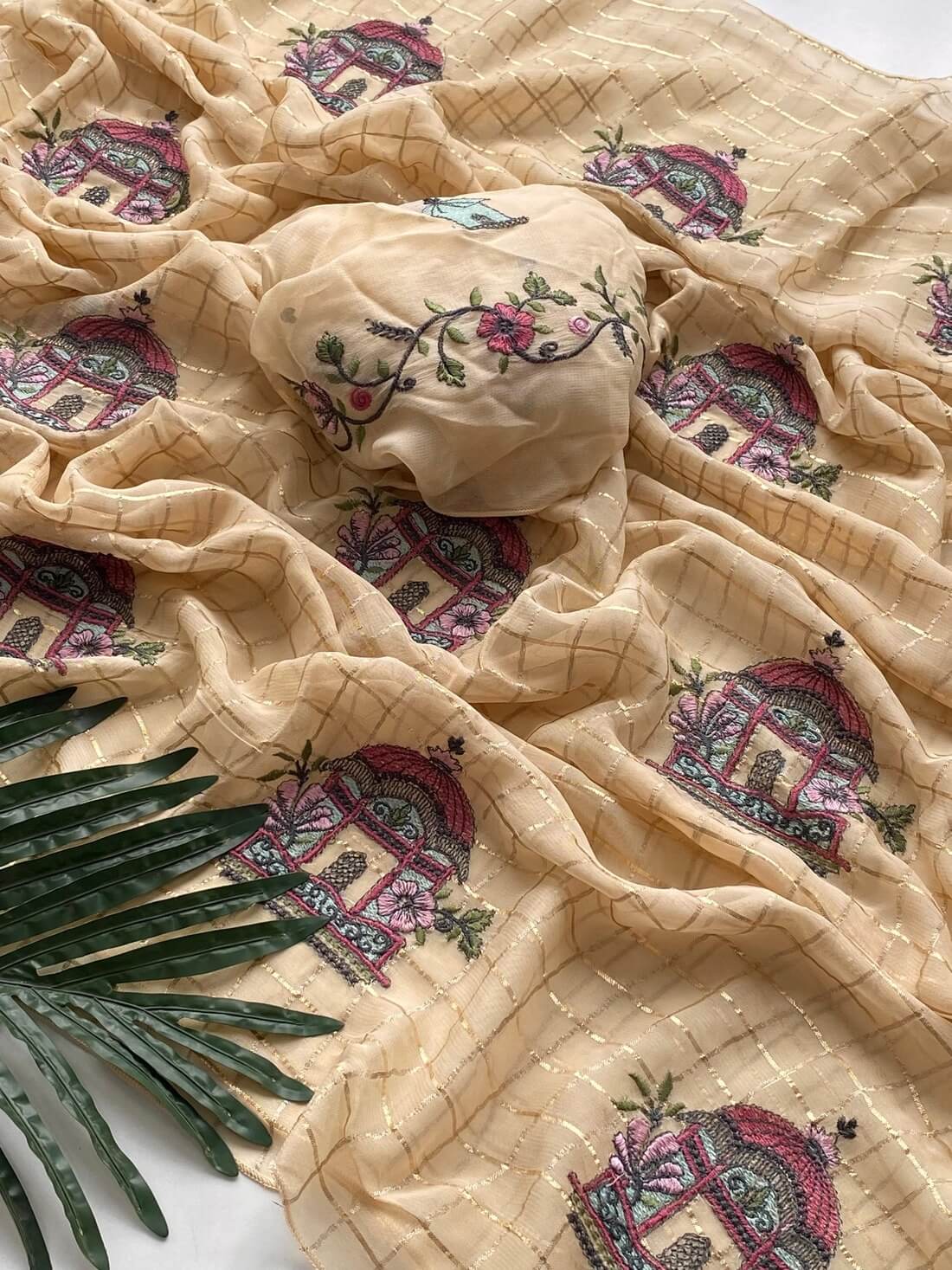 Evocative Beige Embroidery Work Georgette Saree With Redolent Blouse Piece