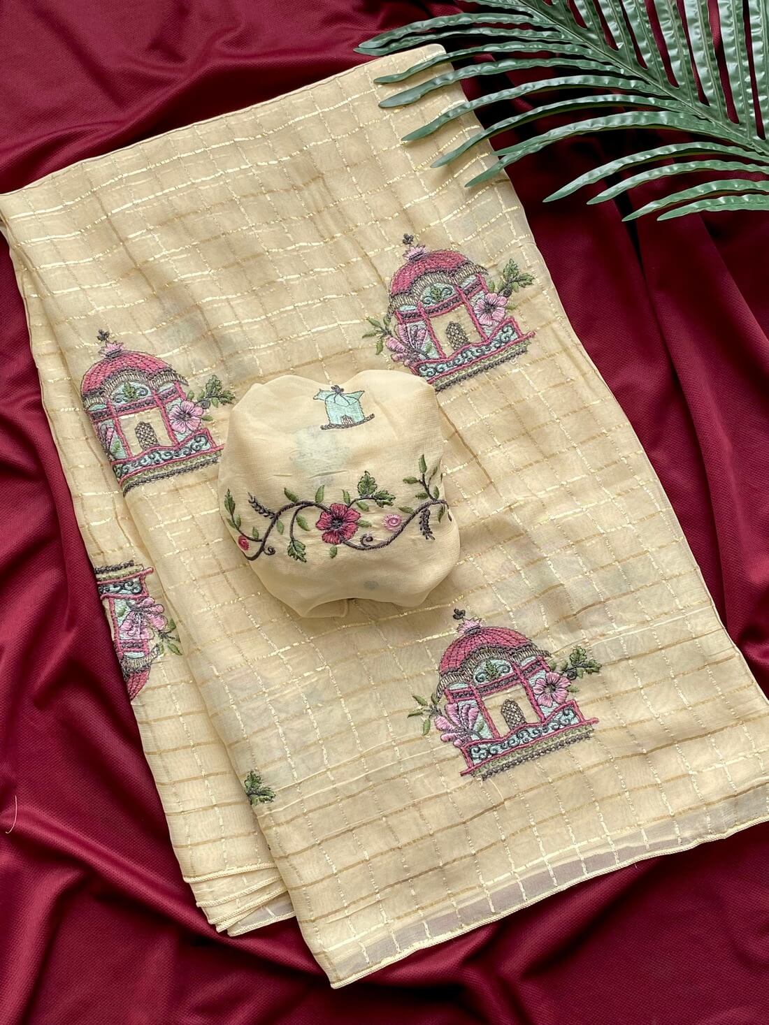 Evocative Beige Embroidery Work Georgette Saree With Redolent Blouse Piece