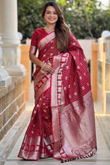 Exemplary Maroon Soft Banarasi Silk Saree With Dissemble Blouse Piece
