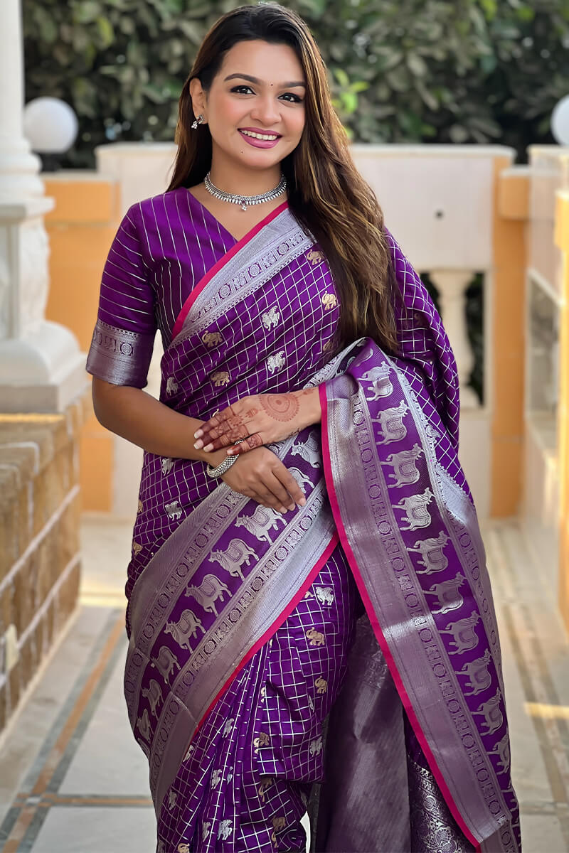 Ethnic Purple Soft Banarasi Silk Saree With Nemesis Blouse Piece