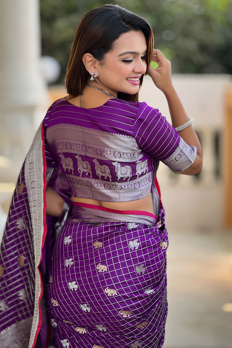 Ethnic Purple Soft Banarasi Silk Saree With Nemesis Blouse Piece