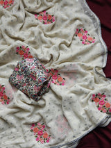 Jazzy Off White Embroidery Work Chiffon Silk Saree With Fragrant Blouse Piece