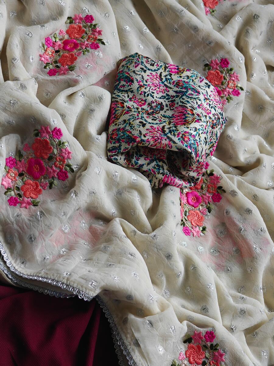 Jazzy Off White Embroidery Work Chiffon Silk Saree With Fragrant Blouse Piece