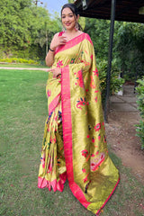 Embellished Mustard Paithani Silk Saree With Alluring Blouse Piece