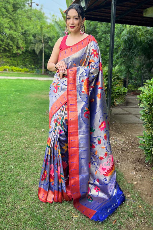 Jubilant Royal Blue Paithani Silk Saree With Glowing Blouse Piece