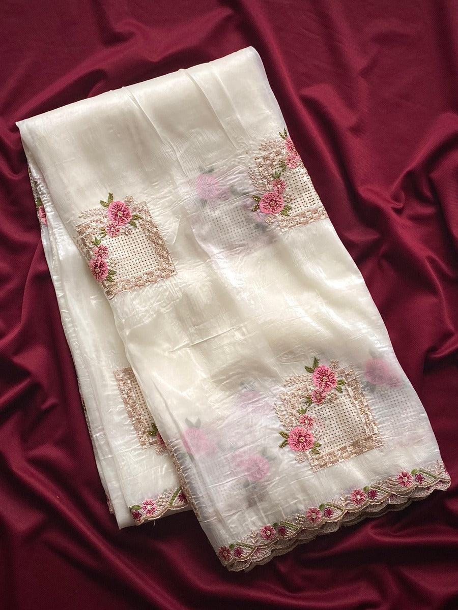 Wonderful Off White Embroidery Work Crush Silk Saree With Inspiring Blouse Piece