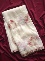 Wonderful Off White Embroidery Work Crush Silk Saree With Inspiring Blouse Piece