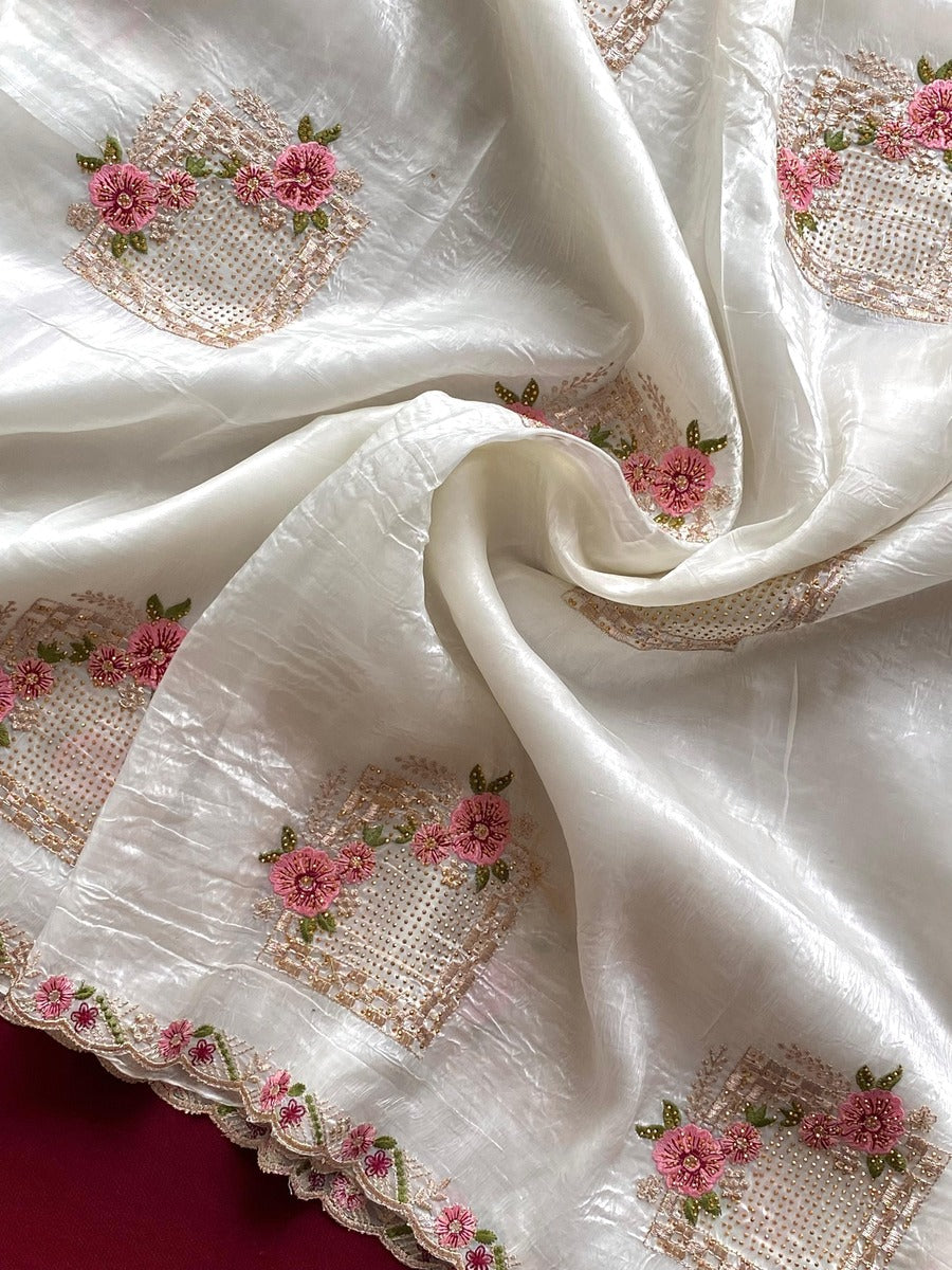 Wonderful Off White Embroidery Work Crush Silk Saree With Inspiring Blouse Piece