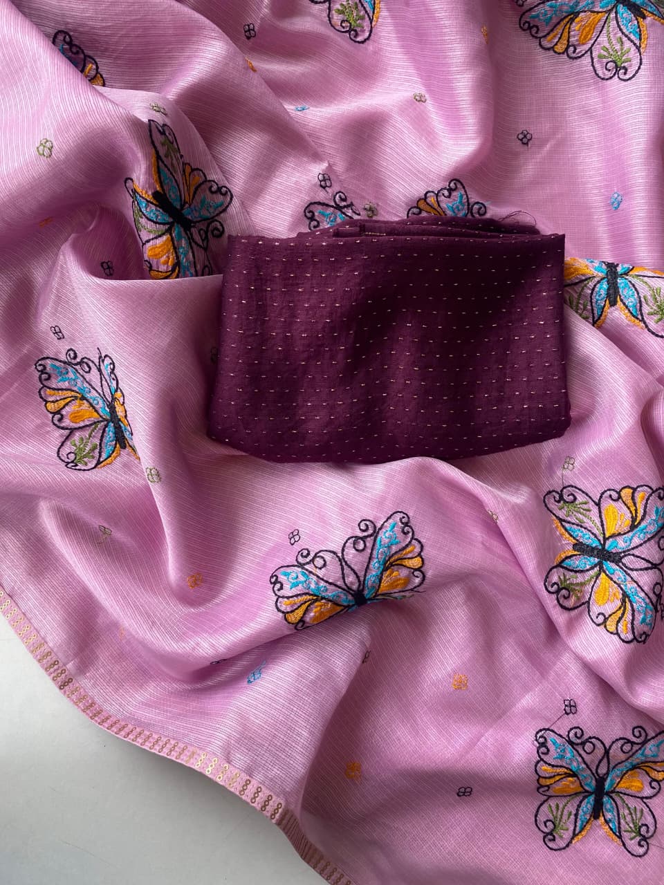 Seraglio Lavender Embroidery Work Kota Silk Saree With Super extravagant Blouse Piece