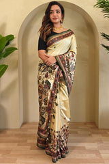 Ephemeral Beige Kalamkari Printed Viscose Dola Silk Saree With Beleaguer Blouse Piece