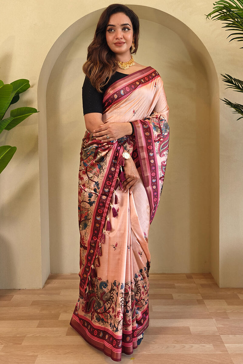Jazzy Peach Kalamkari Printed Viscose Dola Silk Saree With Unique Blouse Piece