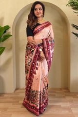 Jazzy Peach Kalamkari Printed Viscose Dola Silk Saree With Unique Blouse Piece