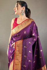 Appealing Purple Paithani Silk Saree With Flameboyant Blouse Piece