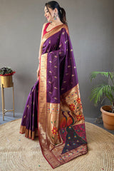 Appealing Purple Paithani Silk Saree With Flameboyant Blouse Piece
