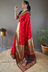 Classic Red Paithani Silk Saree With Bewitching Blouse Piece
