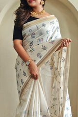 Glorious Off White Embroidery Work Tussar Silk Saree With Inspiring Blouse Piece