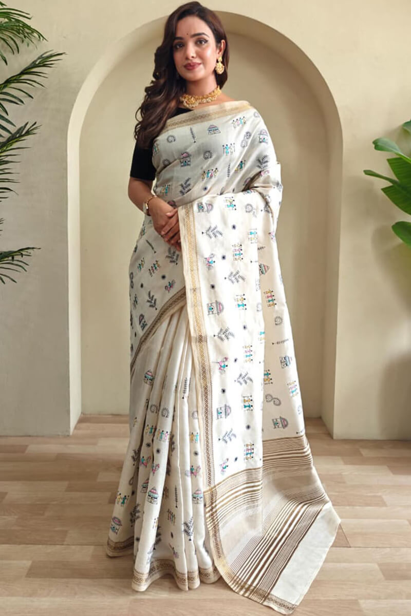 Glorious Off White Embroidery Work Tussar Silk Saree With Inspiring Blouse Piece