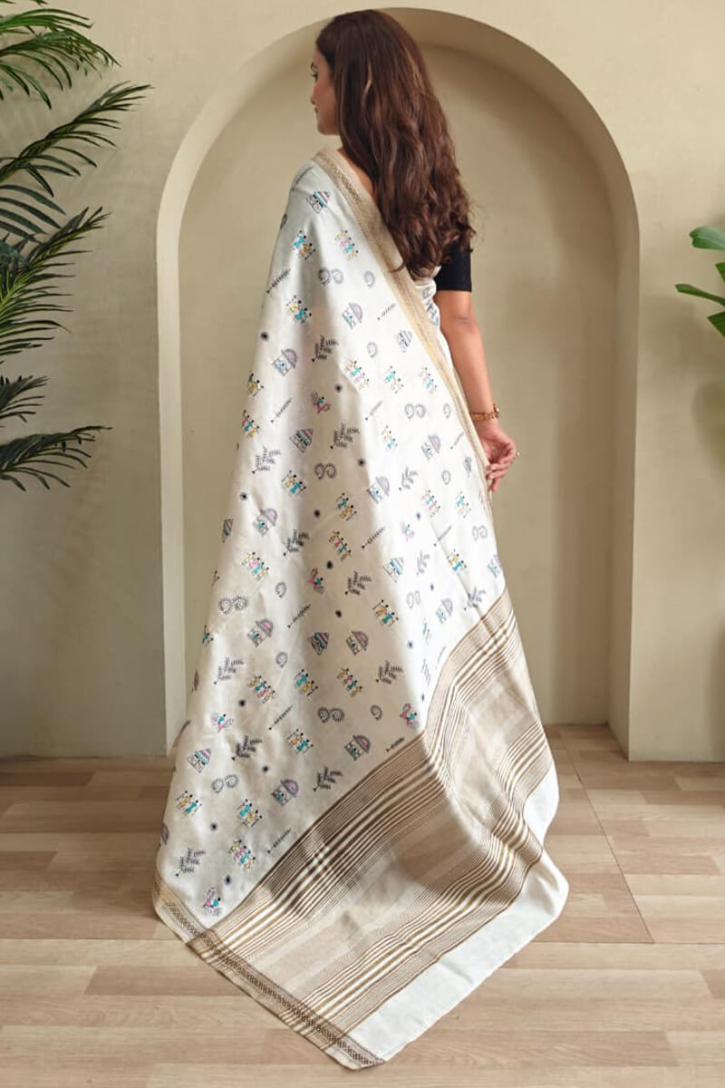 Glorious Off White Embroidery Work Tussar Silk Saree With Inspiring Blouse Piece