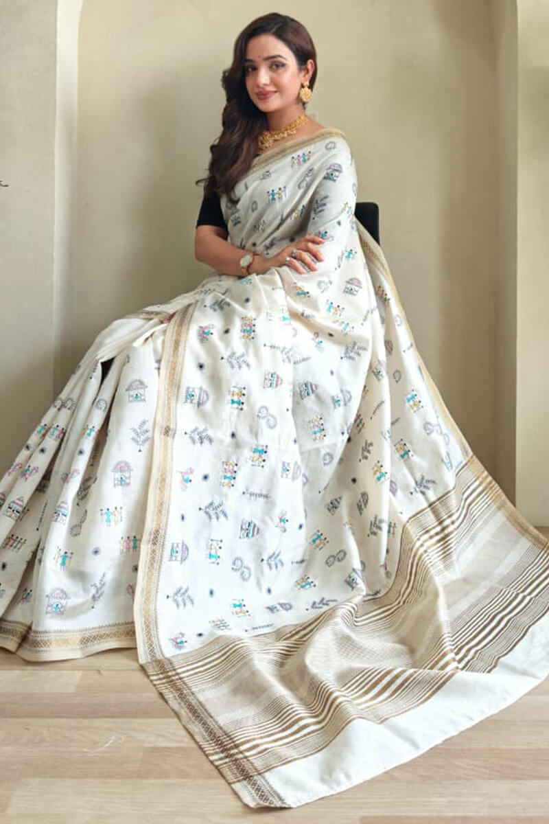 Glorious Off White Embroidery Work Tussar Silk Saree With Inspiring Blouse Piece