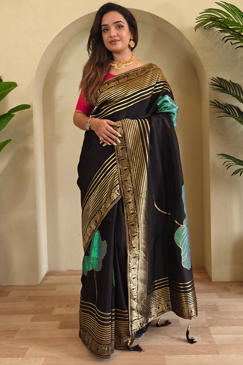 Gratifying Black Soft Banarasi Silk Saree With Refreshing Blouse Piece